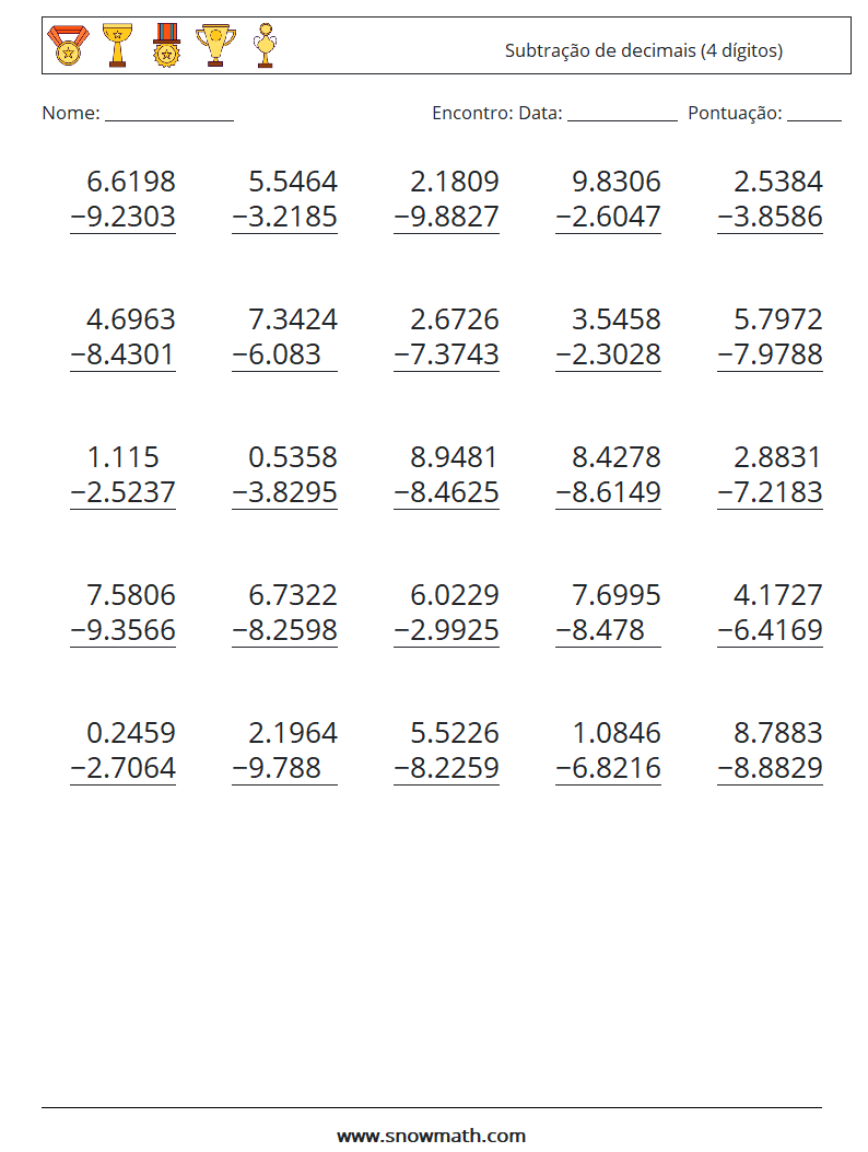 (25) Subtração de decimais (4 dígitos) planilhas matemáticas 9