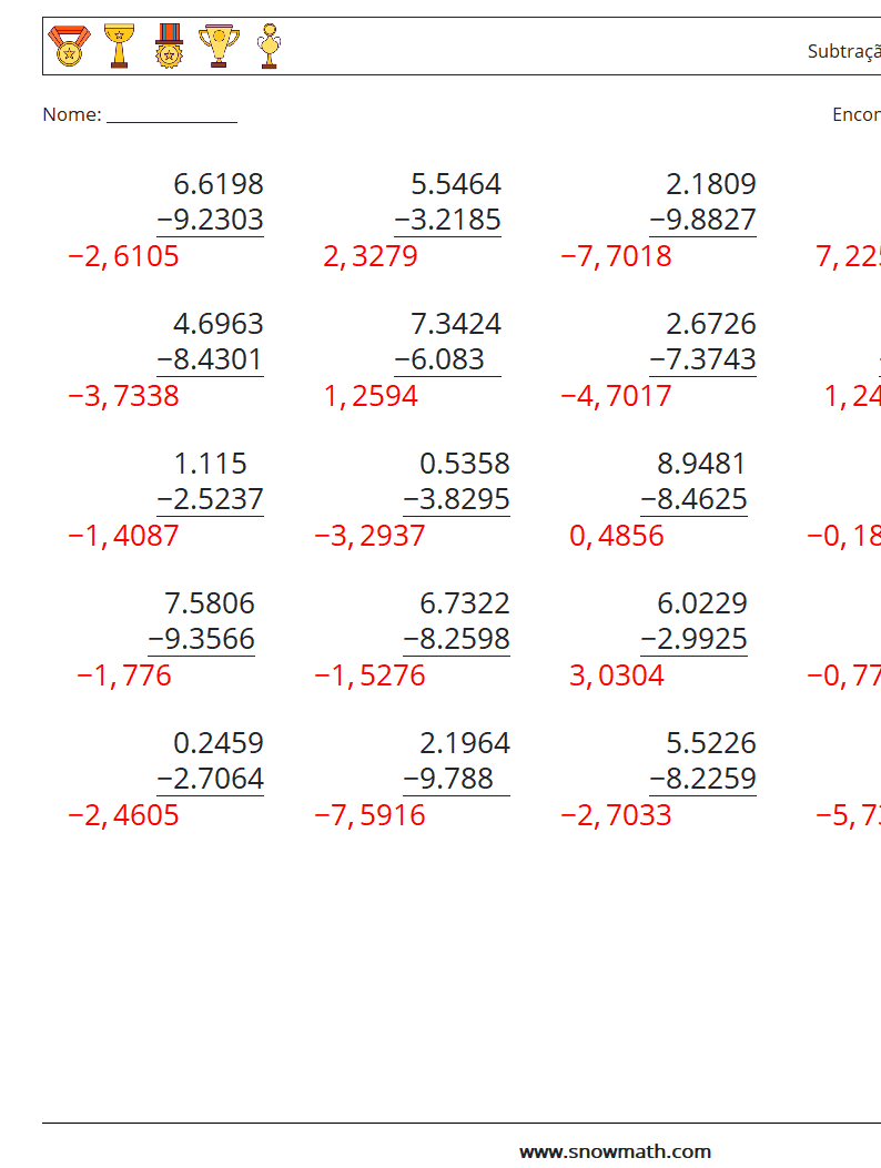 (25) Subtração de decimais (4 dígitos) planilhas matemáticas 9 Pergunta, Resposta