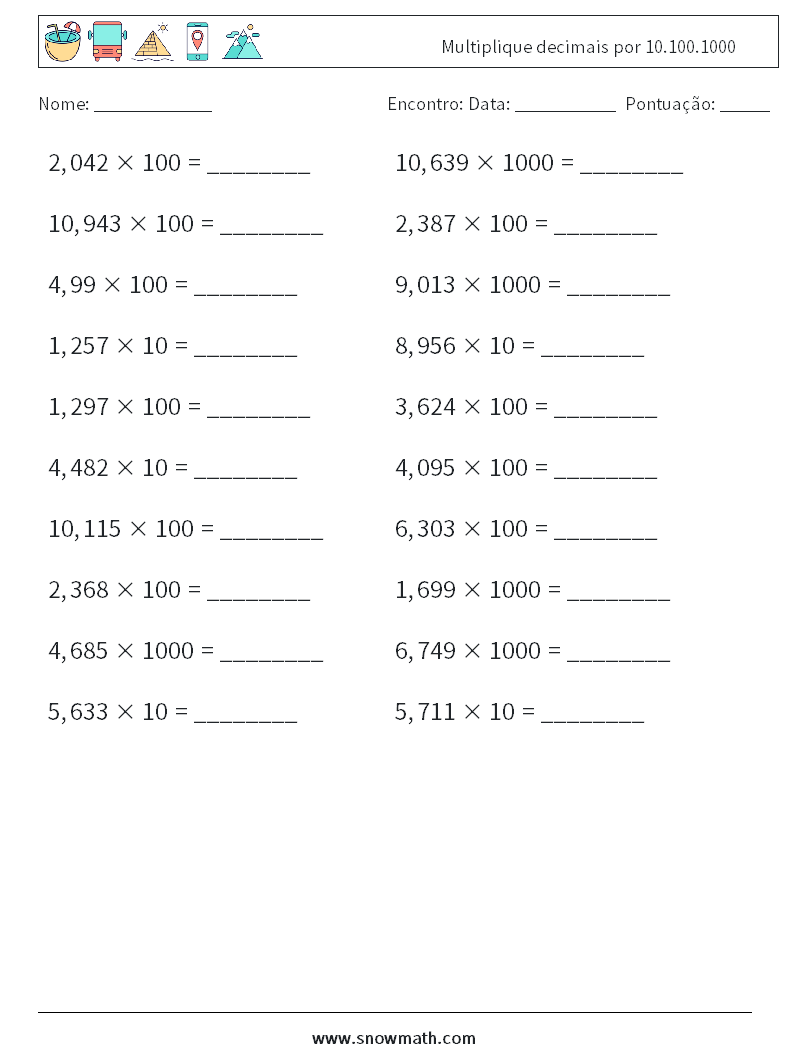 Multiplique decimais por 10.100.1000 planilhas matemáticas 1