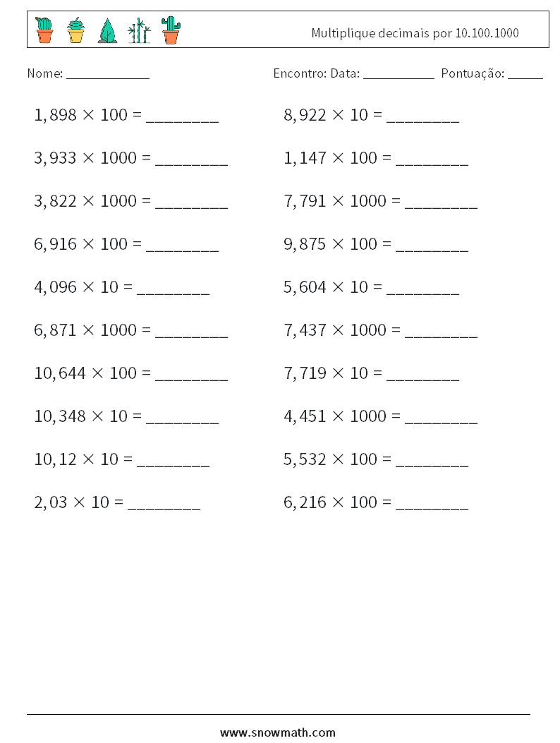 Multiplique decimais por 10.100.1000 planilhas matemáticas 10