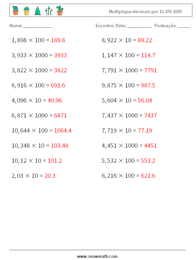 Multiplique decimais por 10.100.1000 planilhas matemáticas 10 Pergunta, Resposta