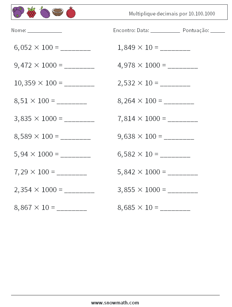 Multiplique decimais por 10.100.1000 planilhas matemáticas 16