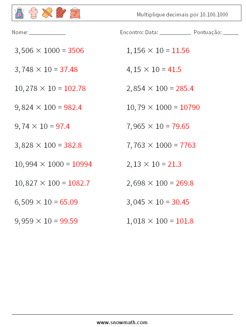 Multiplique decimais por 10.100.1000 planilhas matemáticas 17 Pergunta, Resposta