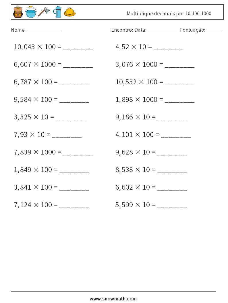 Multiplique decimais por 10.100.1000 planilhas matemáticas 18