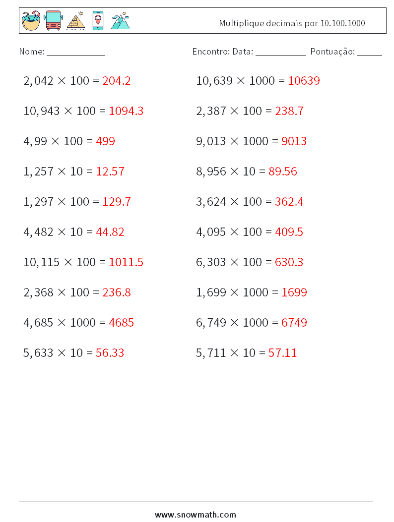 Multiplique decimais por 10.100.1000 planilhas matemáticas 1 Pergunta, Resposta