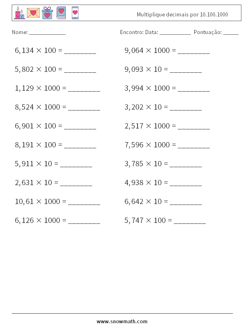Multiplique decimais por 10.100.1000 planilhas matemáticas 2
