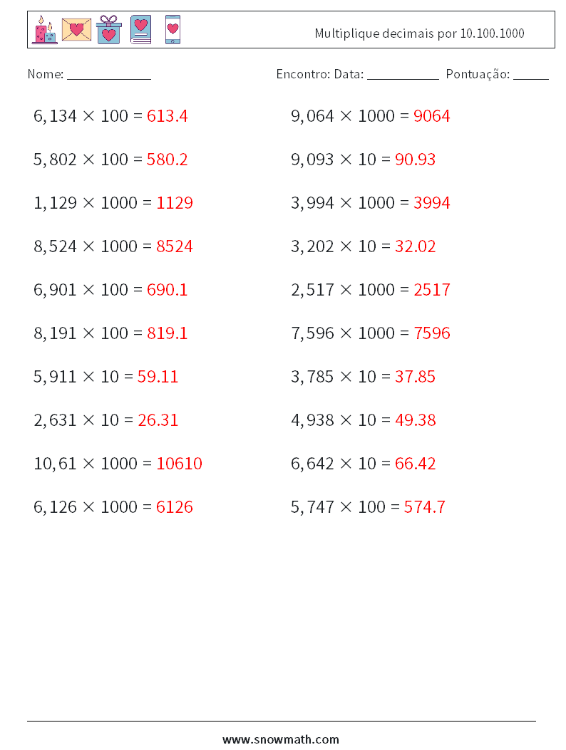 Multiplique decimais por 10.100.1000 planilhas matemáticas 2 Pergunta, Resposta