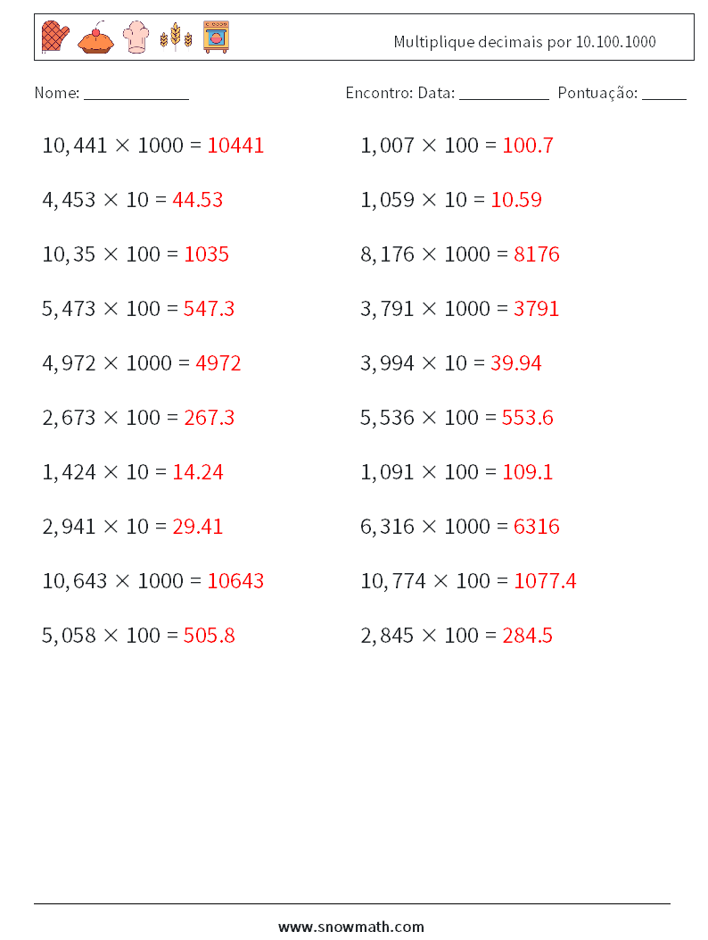 Multiplique decimais por 10.100.1000 planilhas matemáticas 3 Pergunta, Resposta