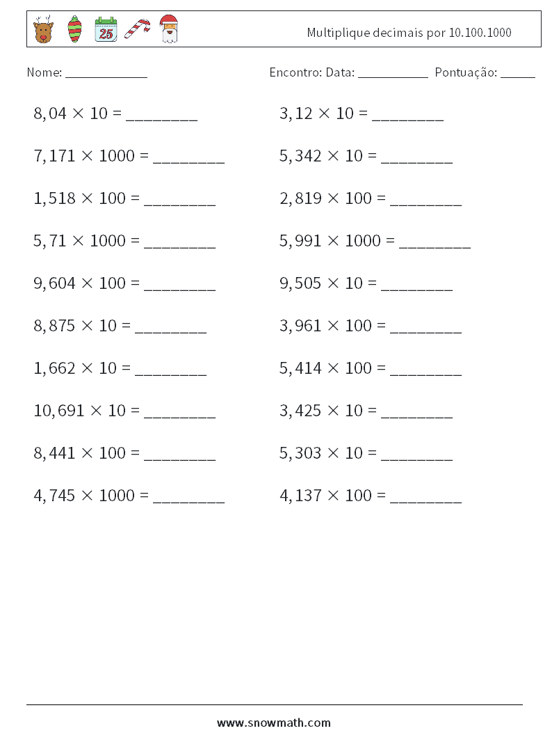 Multiplique decimais por 10.100.1000 planilhas matemáticas 4