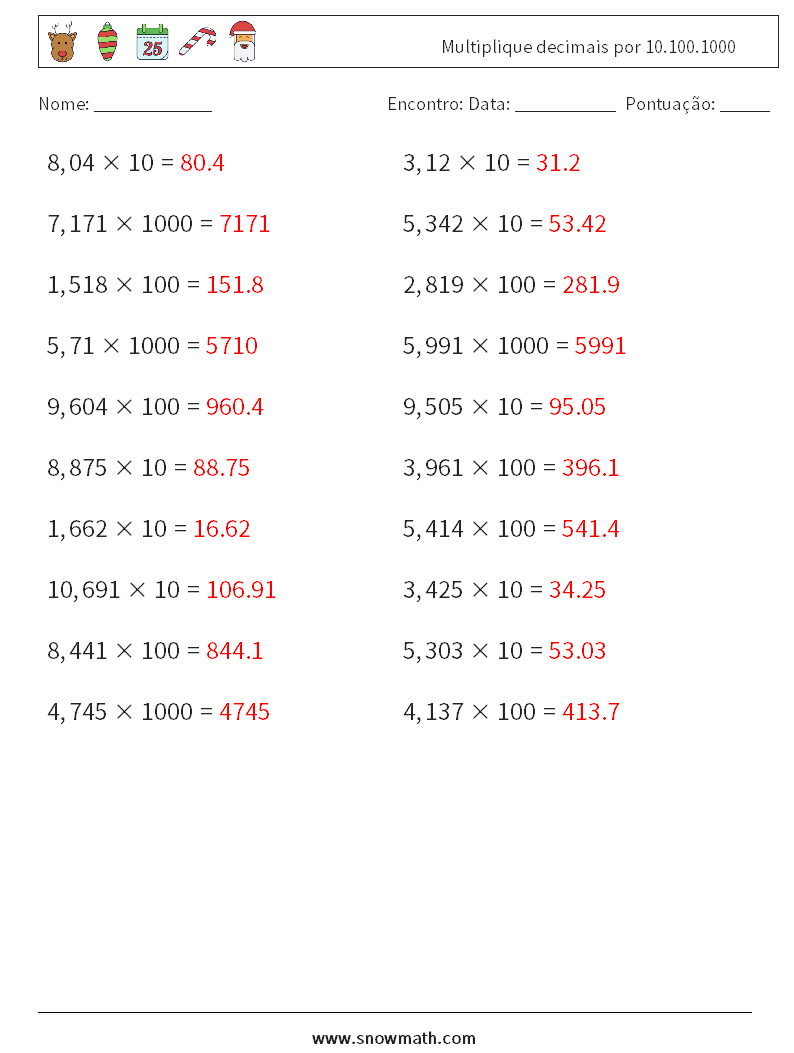 Multiplique decimais por 10.100.1000 planilhas matemáticas 4 Pergunta, Resposta