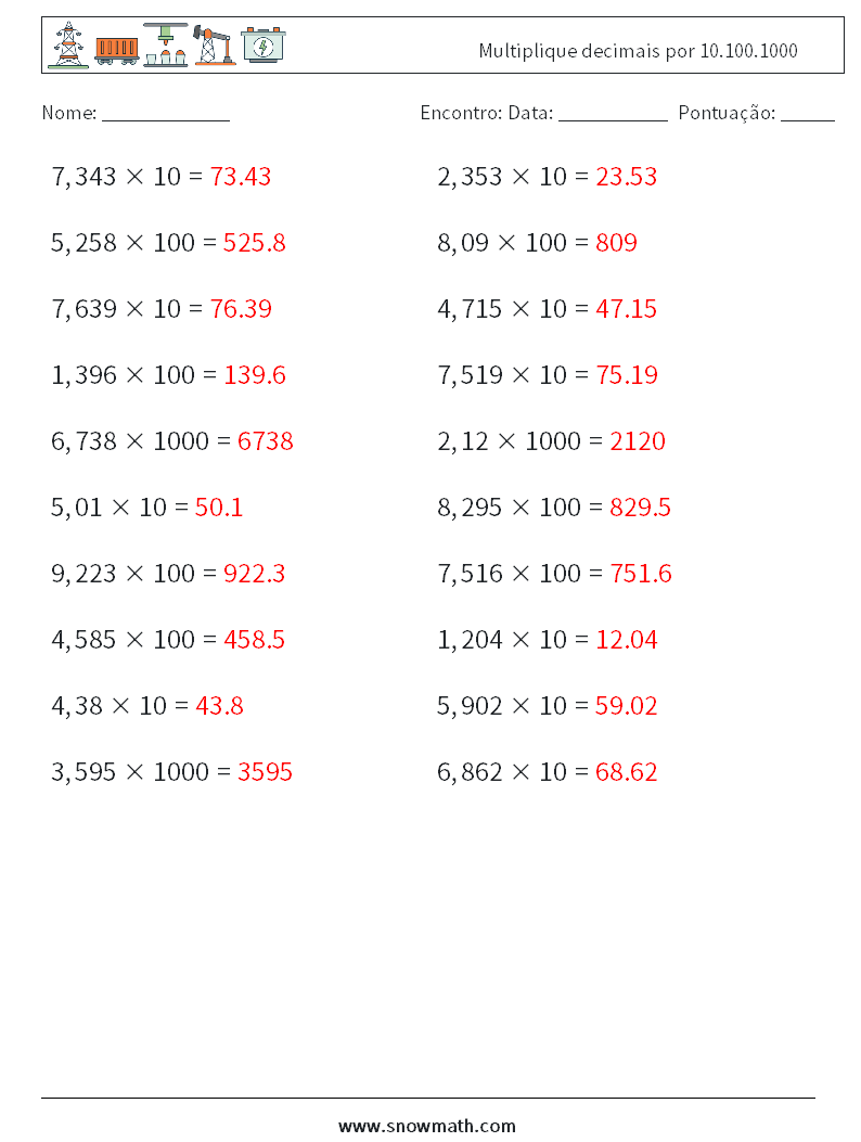 Multiplique decimais por 10.100.1000 planilhas matemáticas 5 Pergunta, Resposta