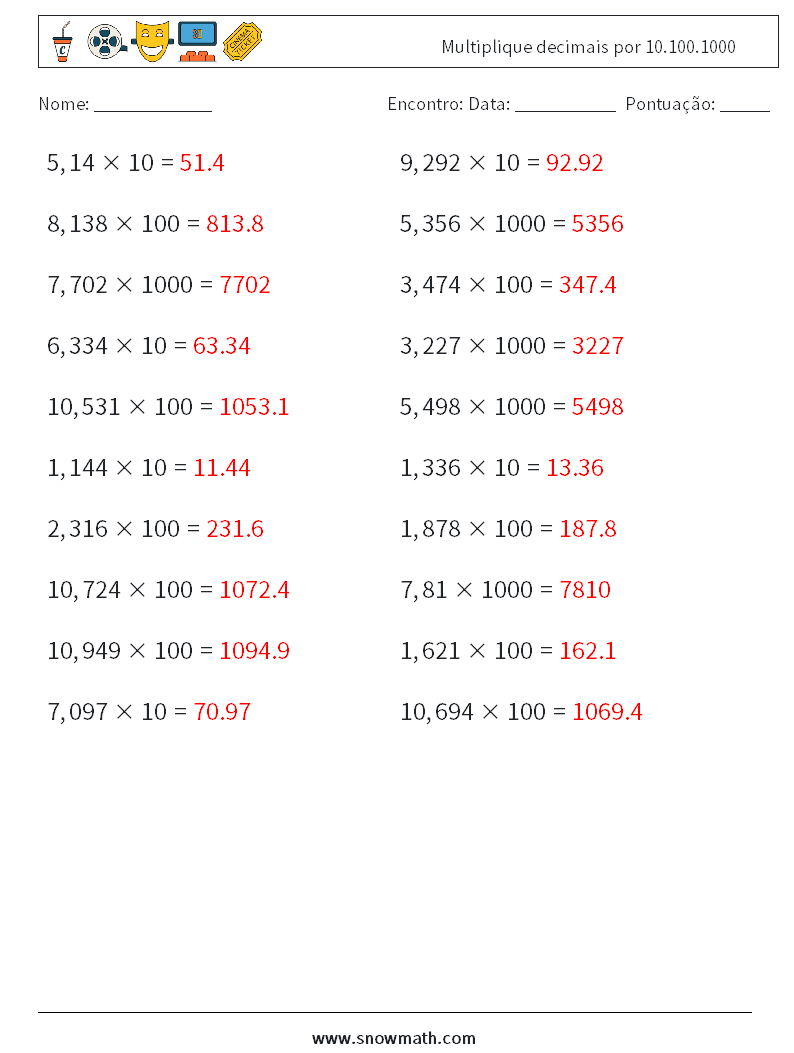 Multiplique decimais por 10.100.1000 planilhas matemáticas 7 Pergunta, Resposta