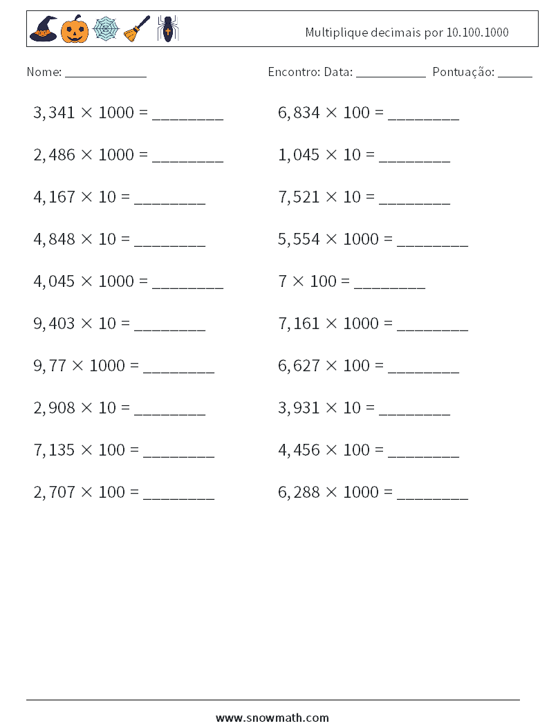 Multiplique decimais por 10.100.1000 planilhas matemáticas 8