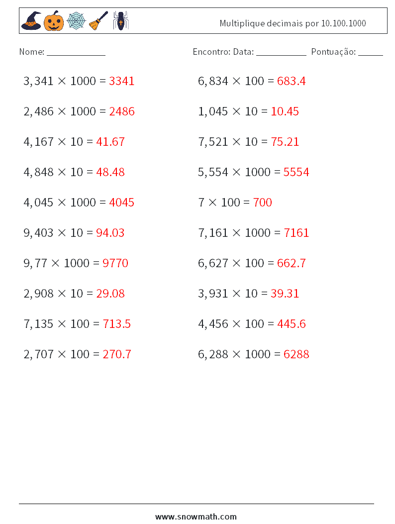 Multiplique decimais por 10.100.1000 planilhas matemáticas 8 Pergunta, Resposta