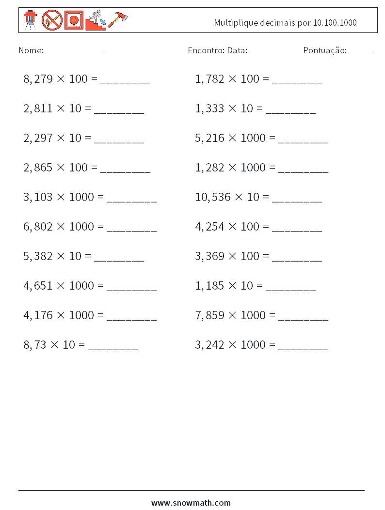 Multiplique decimais por 10.100.1000 planilhas matemáticas 9