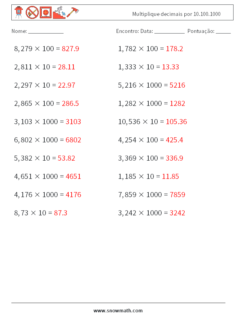 Multiplique decimais por 10.100.1000 planilhas matemáticas 9 Pergunta, Resposta