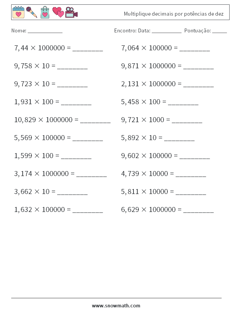 Multiplique decimais por potências de dez planilhas matemáticas 10