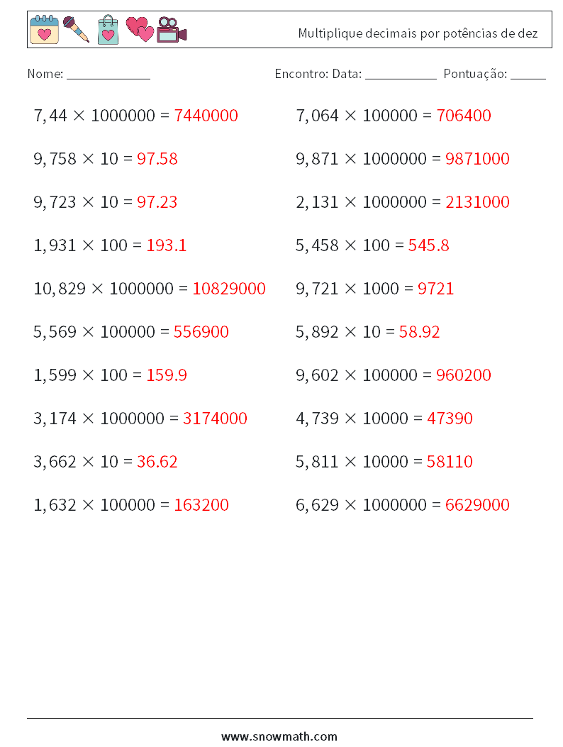 Multiplique decimais por potências de dez planilhas matemáticas 10 Pergunta, Resposta