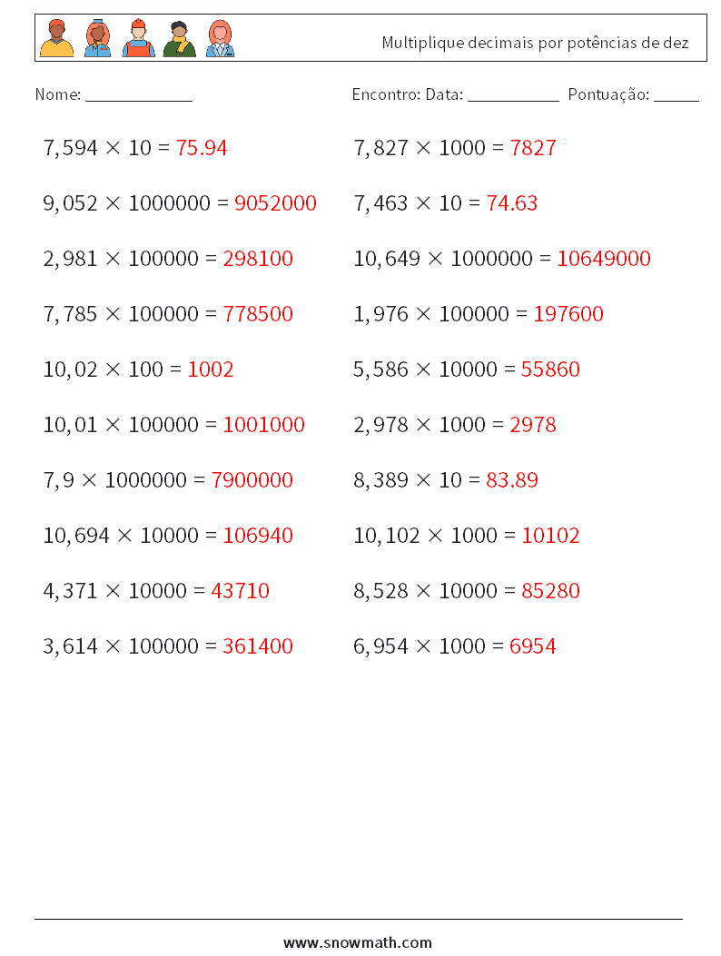 Multiplique decimais por potências de dez planilhas matemáticas 11 Pergunta, Resposta