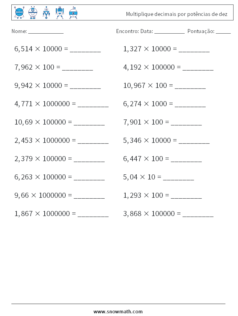 Multiplique decimais por potências de dez planilhas matemáticas 12
