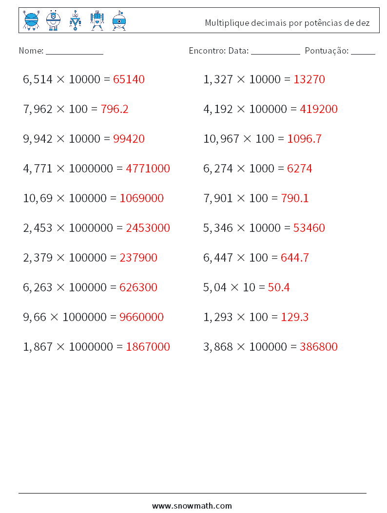 Multiplique decimais por potências de dez planilhas matemáticas 12 Pergunta, Resposta