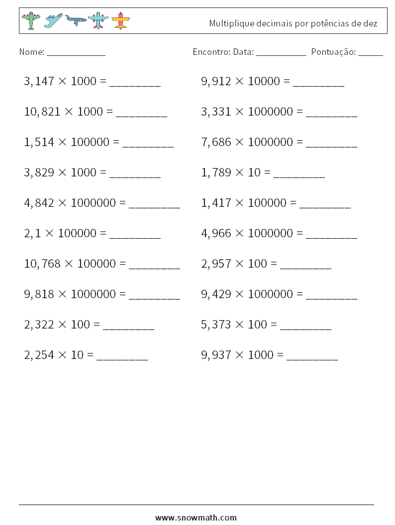 Multiplique decimais por potências de dez planilhas matemáticas 13
