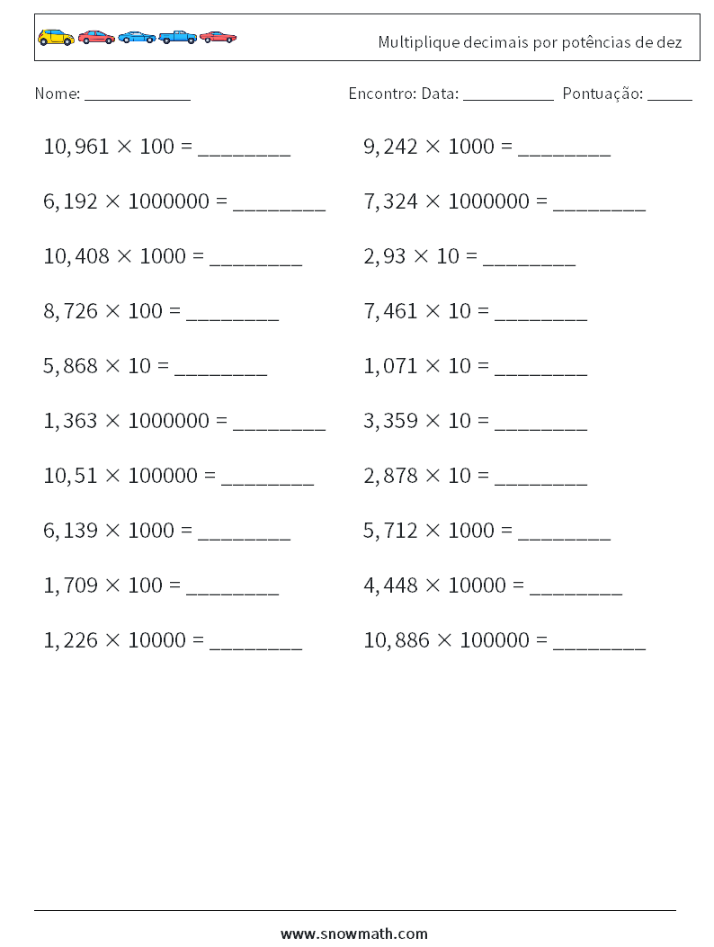Multiplique decimais por potências de dez planilhas matemáticas 14