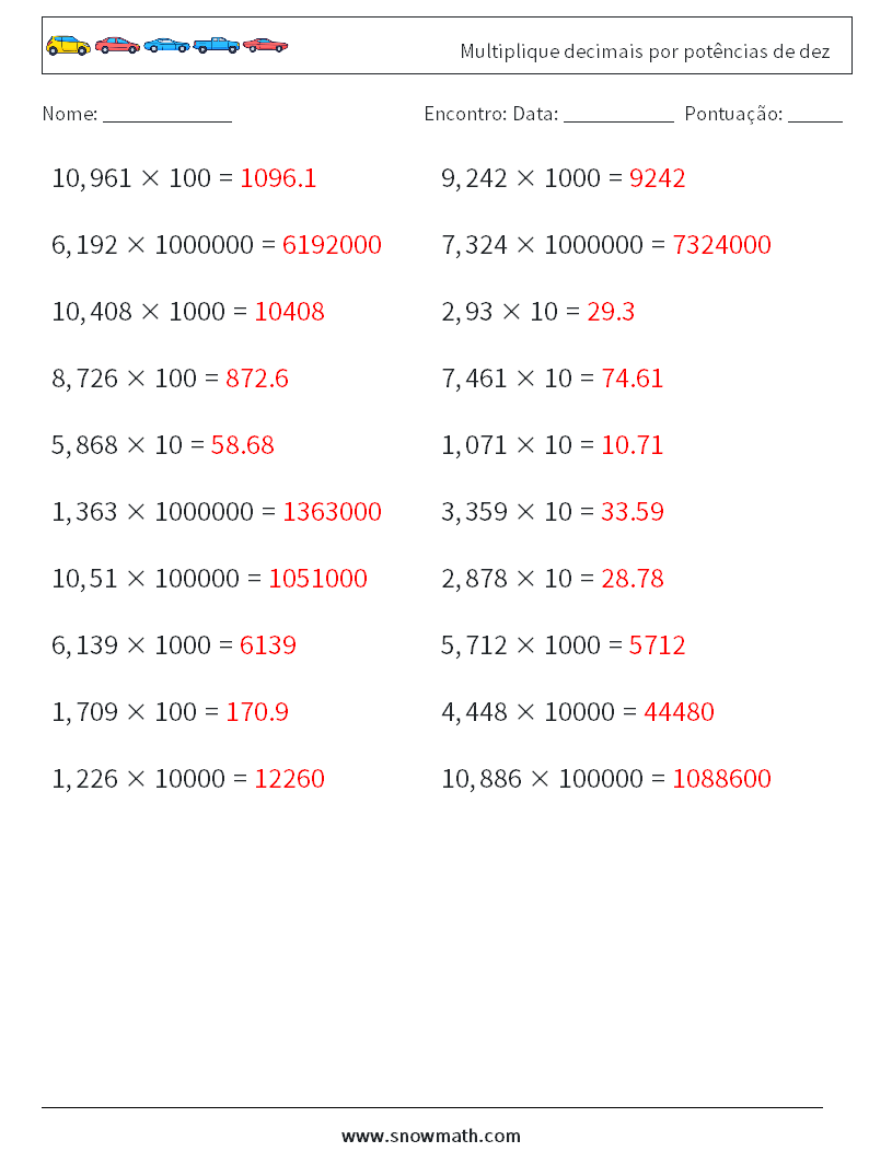 Multiplique decimais por potências de dez planilhas matemáticas 14 Pergunta, Resposta