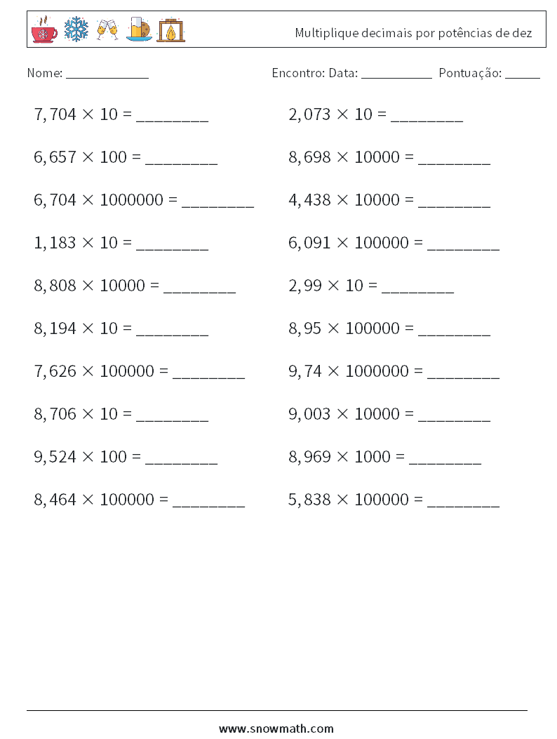 Multiplique decimais por potências de dez planilhas matemáticas 15
