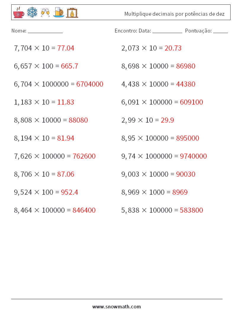 Multiplique decimais por potências de dez planilhas matemáticas 15 Pergunta, Resposta