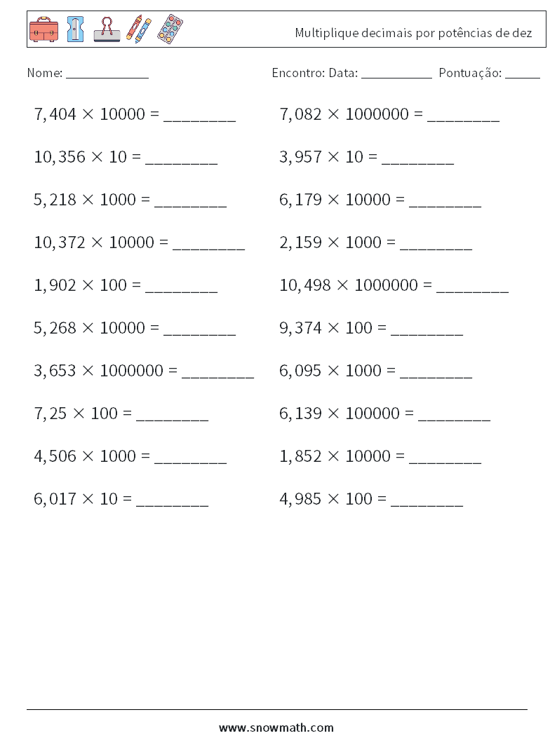 Multiplique decimais por potências de dez planilhas matemáticas 16