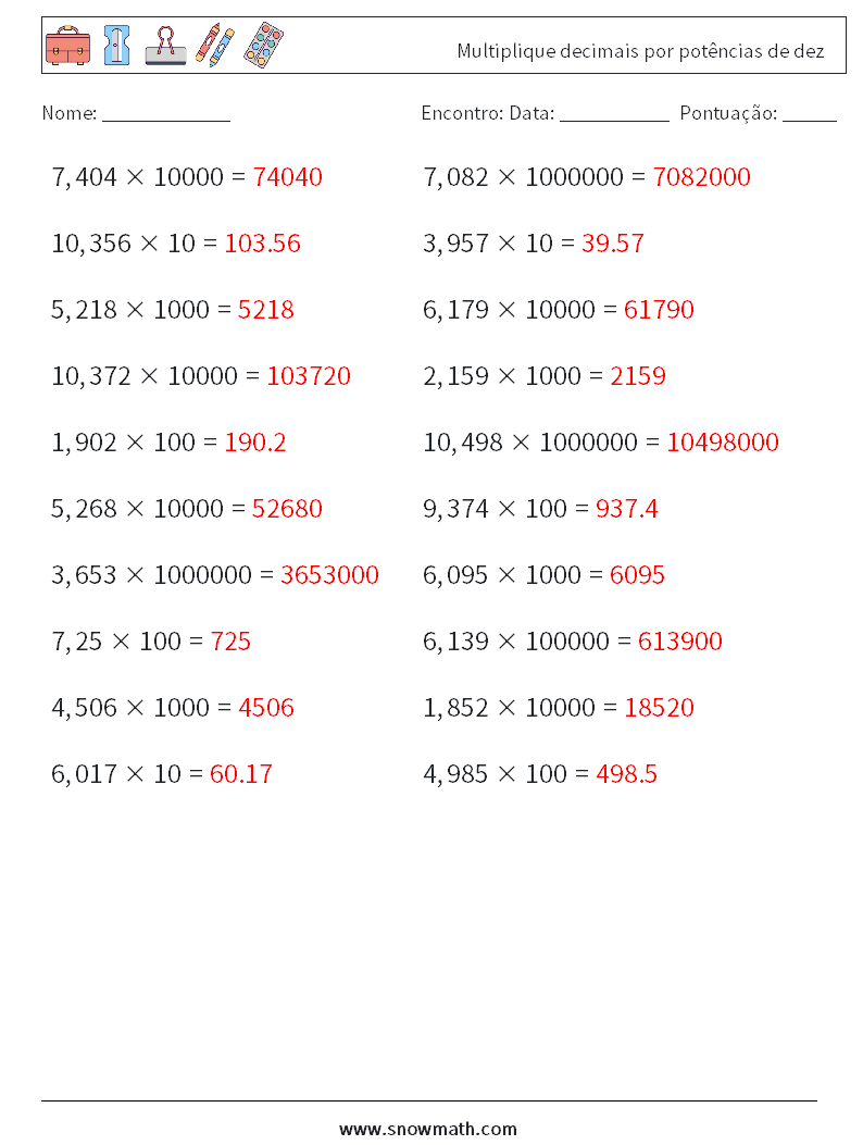 Multiplique decimais por potências de dez planilhas matemáticas 16 Pergunta, Resposta