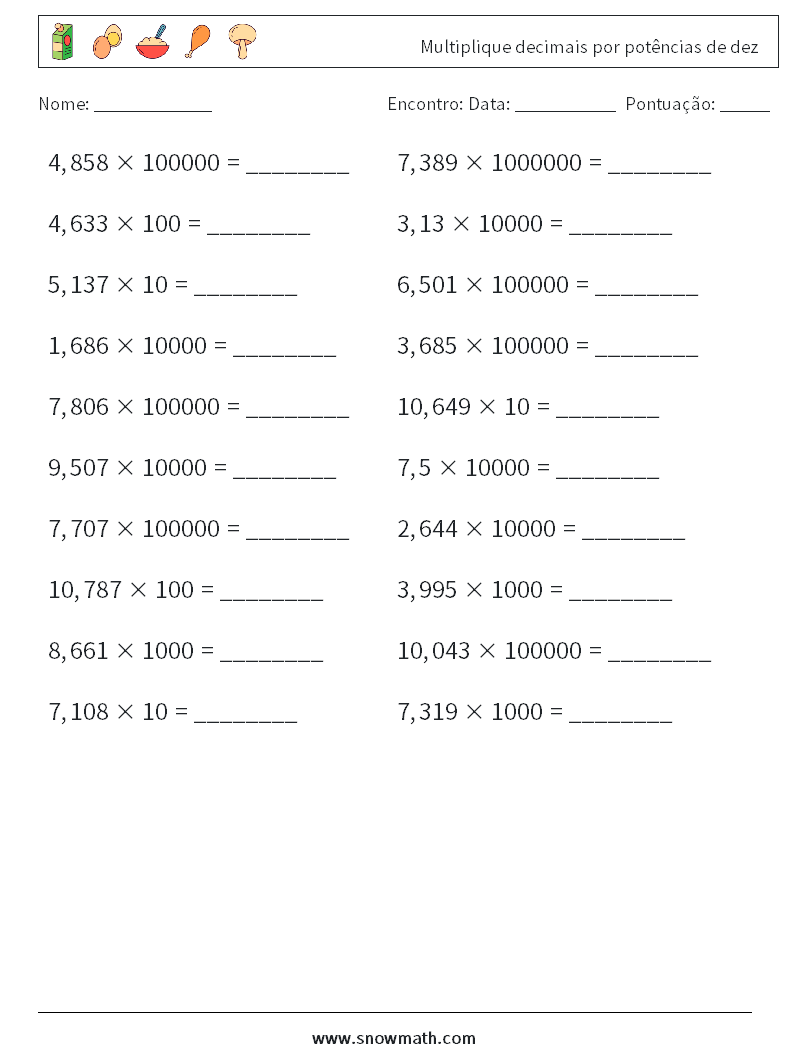 Multiplique decimais por potências de dez planilhas matemáticas 17