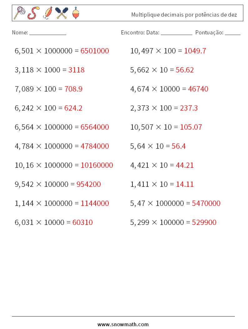 Multiplique decimais por potências de dez planilhas matemáticas 1 Pergunta, Resposta
