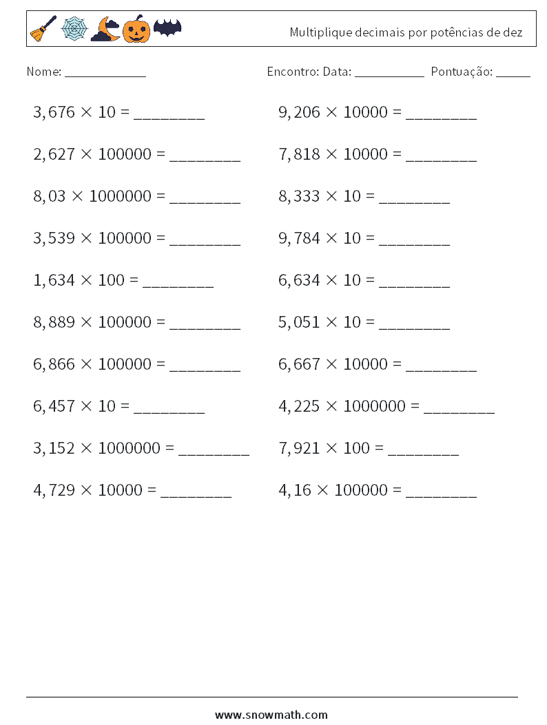 Multiplique decimais por potências de dez planilhas matemáticas 2
