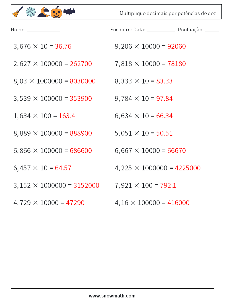 Multiplique decimais por potências de dez planilhas matemáticas 2 Pergunta, Resposta