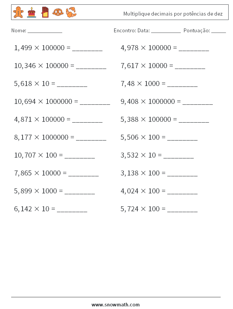 Multiplique decimais por potências de dez planilhas matemáticas 4