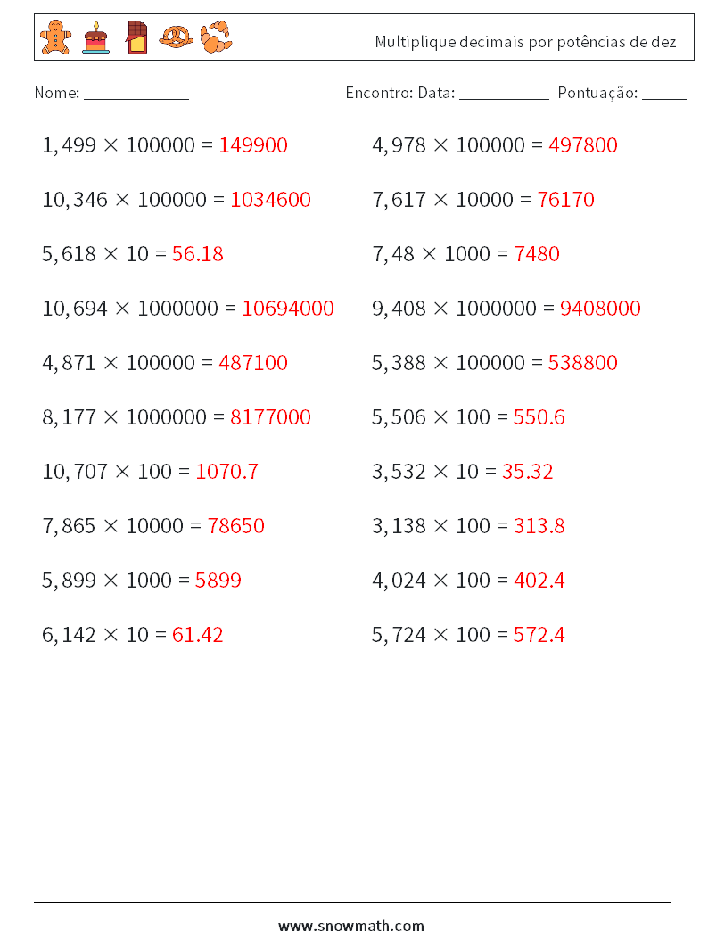 Multiplique decimais por potências de dez planilhas matemáticas 4 Pergunta, Resposta