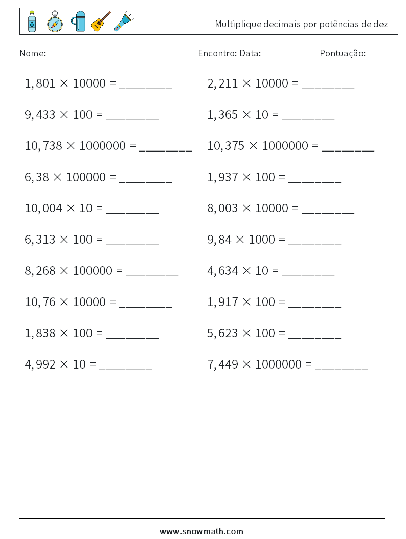 Multiplique decimais por potências de dez planilhas matemáticas 5