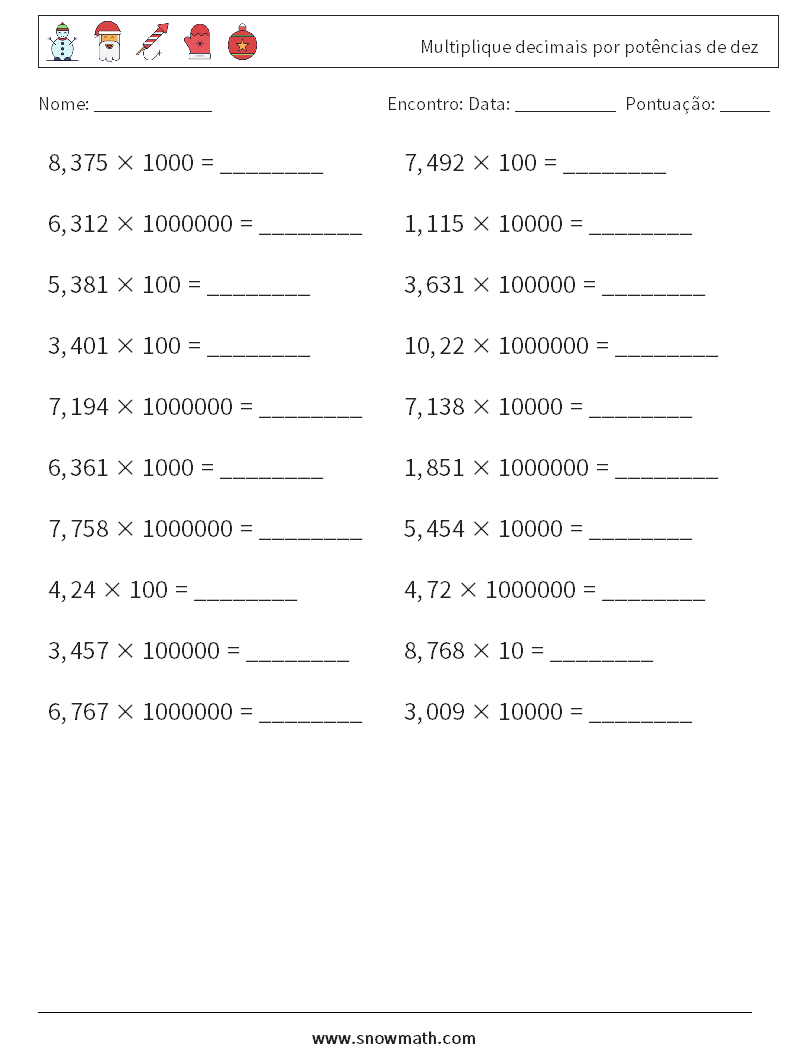 Multiplique decimais por potências de dez planilhas matemáticas 6