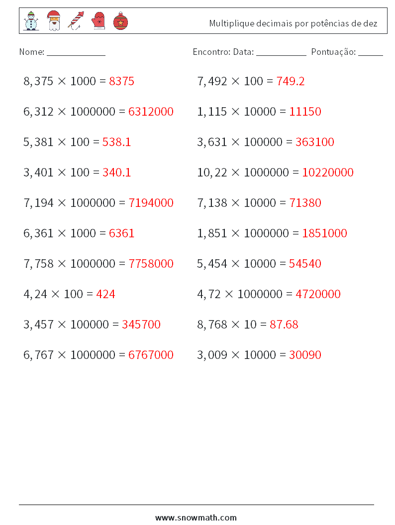 Multiplique decimais por potências de dez planilhas matemáticas 6 Pergunta, Resposta