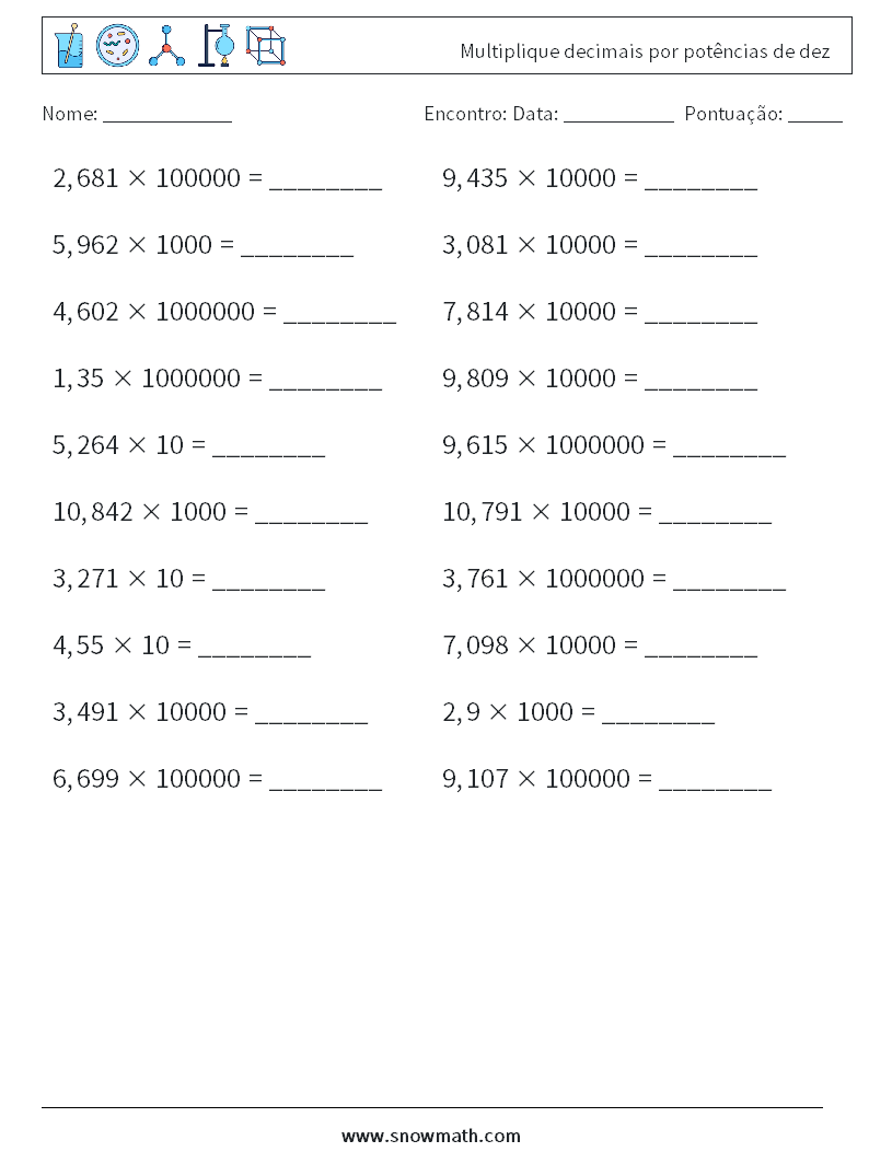 Multiplique decimais por potências de dez planilhas matemáticas 7