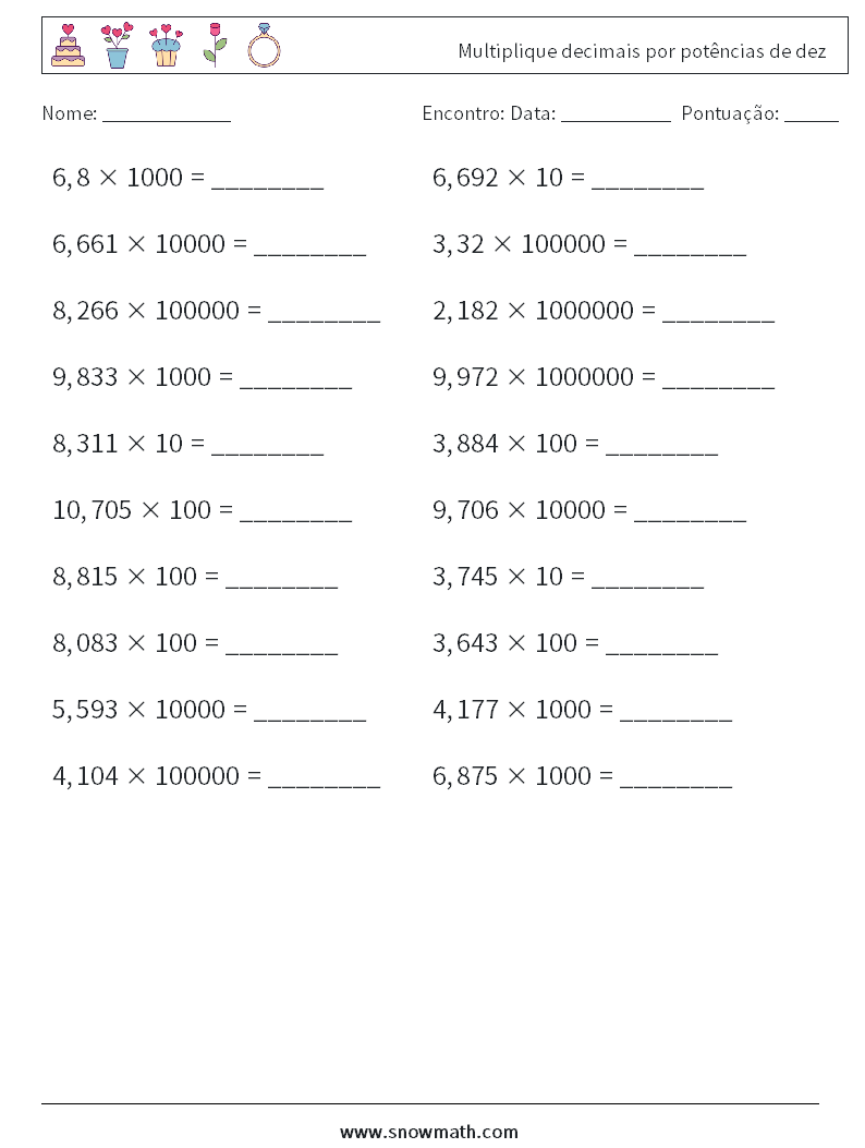 Multiplique decimais por potências de dez planilhas matemáticas 8