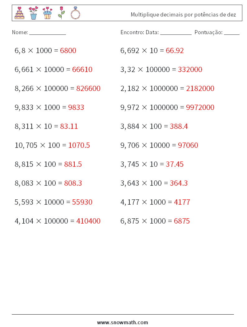 Multiplique decimais por potências de dez planilhas matemáticas 8 Pergunta, Resposta