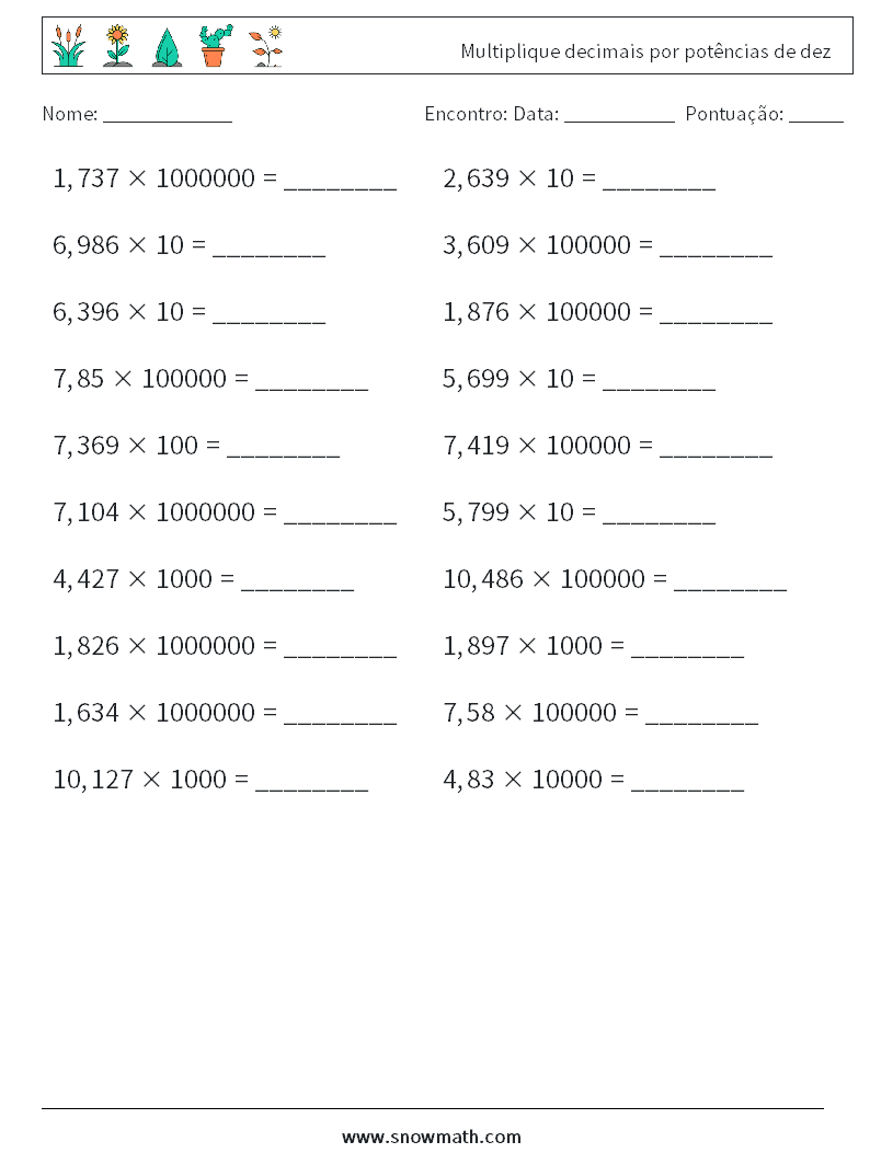 Multiplique decimais por potências de dez planilhas matemáticas 9