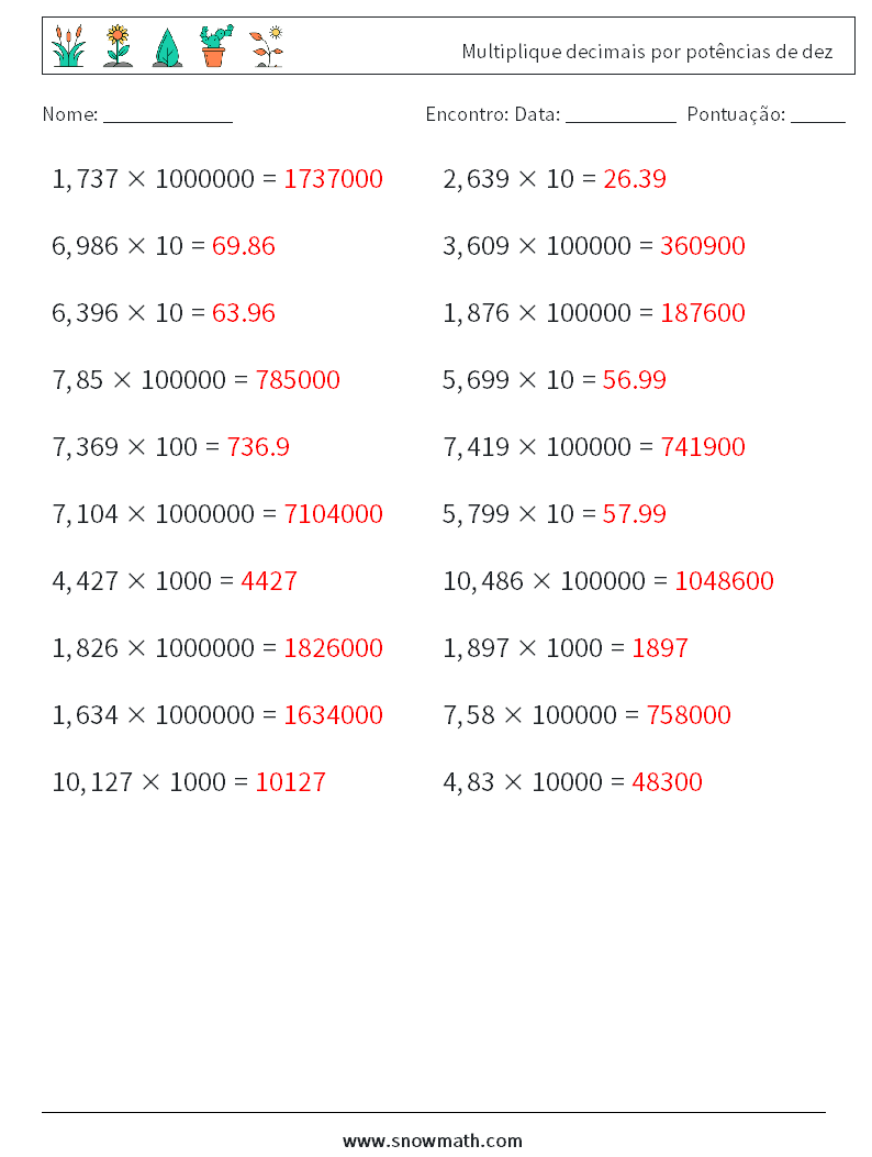 Multiplique decimais por potências de dez planilhas matemáticas 9 Pergunta, Resposta