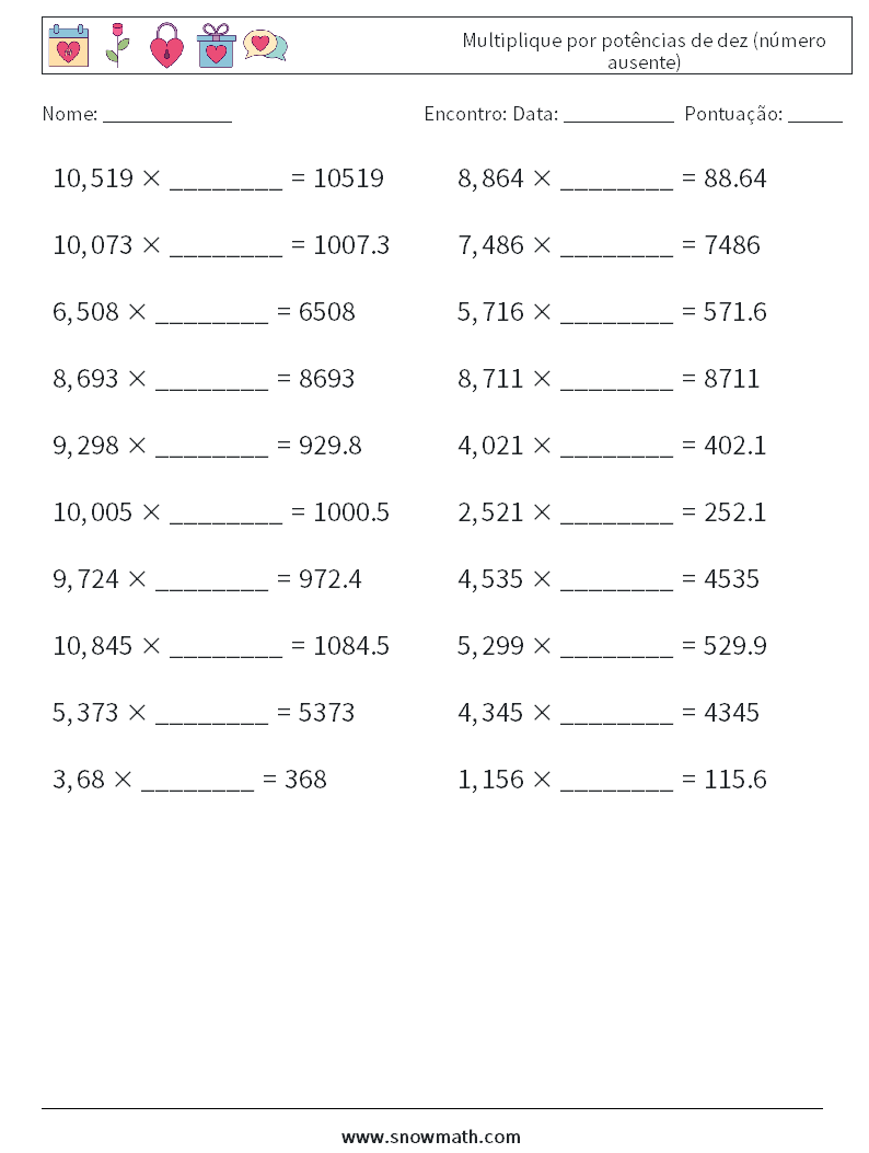 Multiplique por potências de dez (número ausente) planilhas matemáticas 1