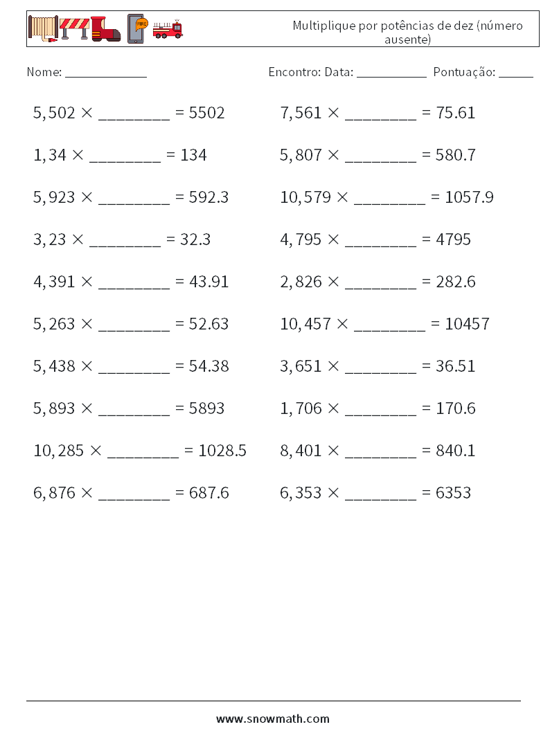 Multiplique por potências de dez (número ausente) planilhas matemáticas 10