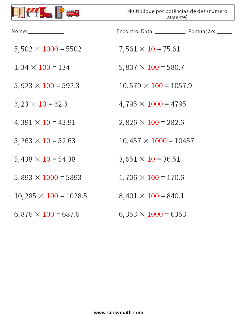 Multiplique por potências de dez (número ausente) planilhas matemáticas 10 Pergunta, Resposta