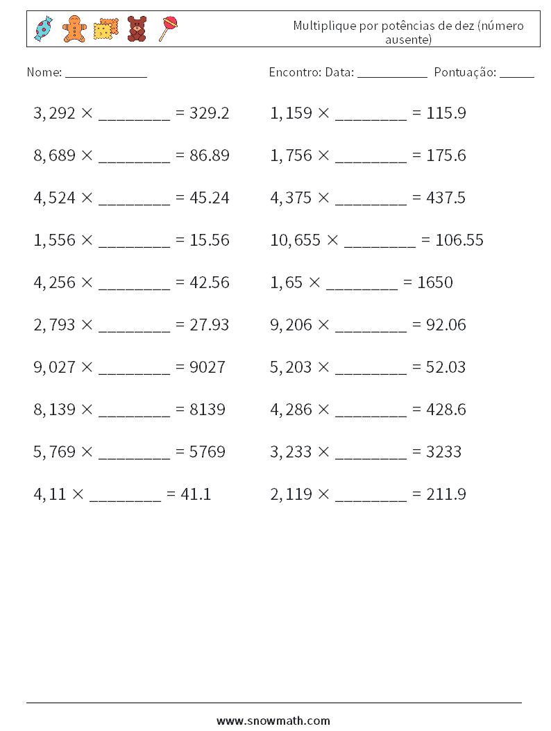 Multiplique por potências de dez (número ausente) planilhas matemáticas 11